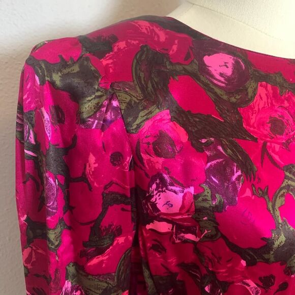 Silk Studios 80s Floral Velvet Dress Long Sleeve Ruched Midi Black Pink Size 10 - Picture 4 of 11